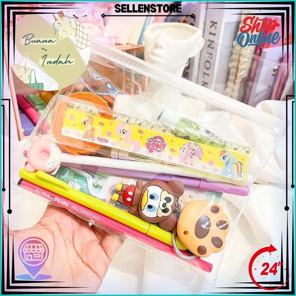 

Pouch Set Alat Tulis Sticker Pensil Gantungan Kunci Pulpen Pena Pensil Penggaris Sekolah Sticky Notes Penjepit Sticker Cutter Mini Finger Protector Cod