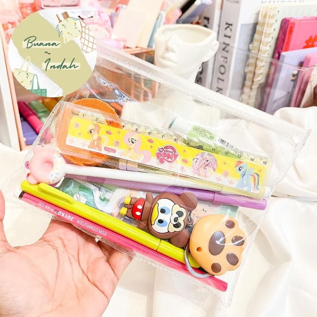 

Pouch Set alat tulis sticker pensil gantungan kunci pulpen pena pensil penggaris sekolah sticky notes penjepit sticker cutter mini finger protector BIG SALE