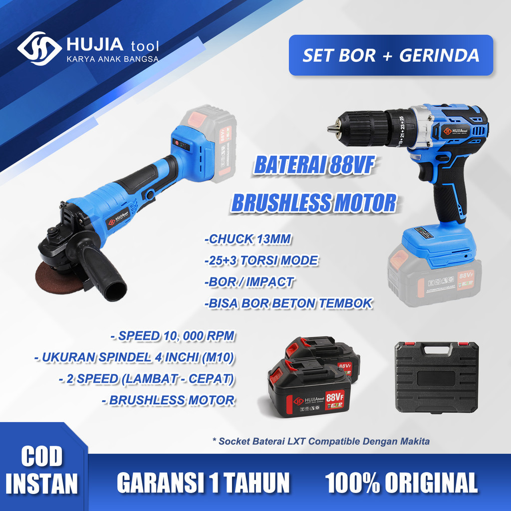 HUJIA Paket bor dan gerinda cordless 88Vf Mesin bor baterai 13mm Brushless/Mesin Gerinda 4inch