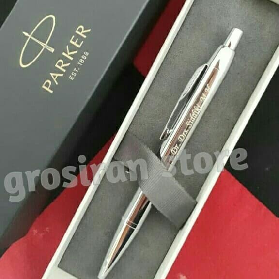 

Ready Pulpen Parker original silver chrome Custom logo ukir Grafir nama kado