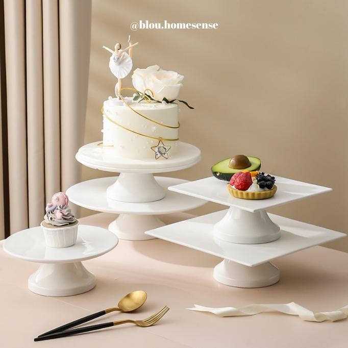 Cake Stand High Feet Wadah Kue Tingkat Piring Kue Susun Keramik Putih