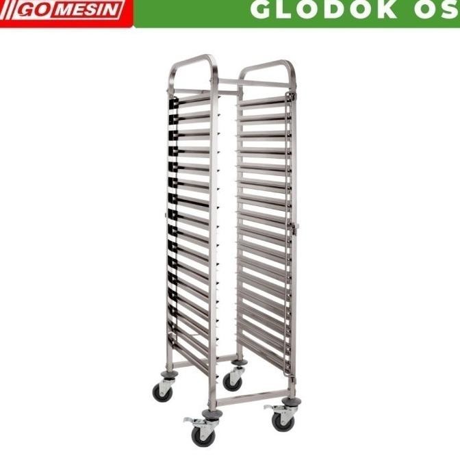 TROLLEY BAKERY STAINLESS 15 RAK UNTUK LOYANG 40X60 CM TROLI ROTI