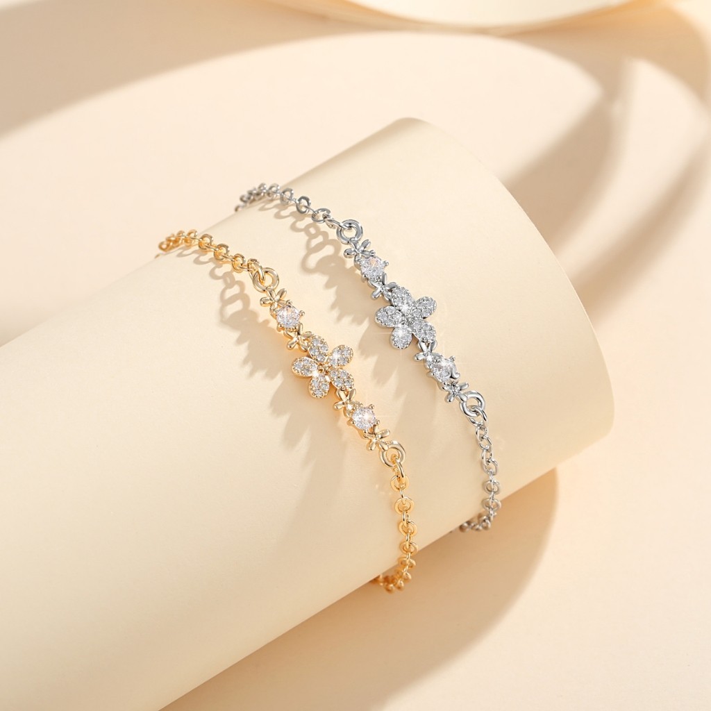 LM420 【COD】 Gelang Rantai Adjustable Titanium Berlian Imitasi Bentuk Bunga Kristal Untuk Wanita Eleg