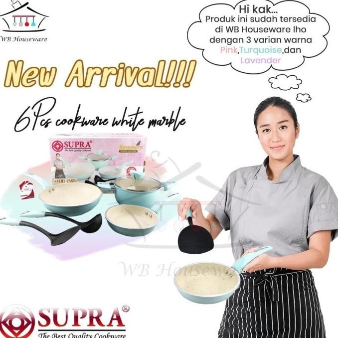 [Baru] Panci Set Supra 6Pcs White Marble Turquoise / Cookware Set Anti