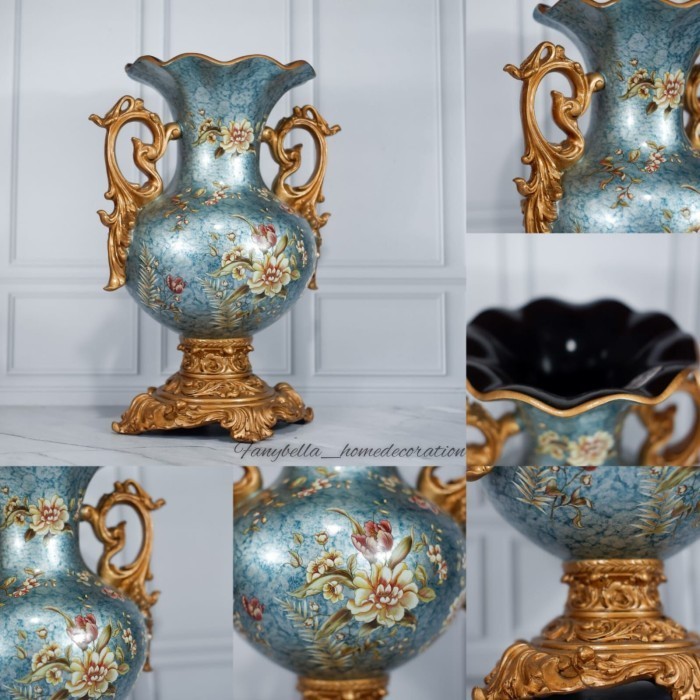 Gra Vas Bunga Keramik Guci Antik Gold Biru Mewah Antik Import Tempat Perme