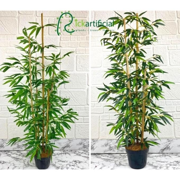 Pohon Hias Daun Bambu Hijau Kuning Latex Artificial Pot Hitam Plastik