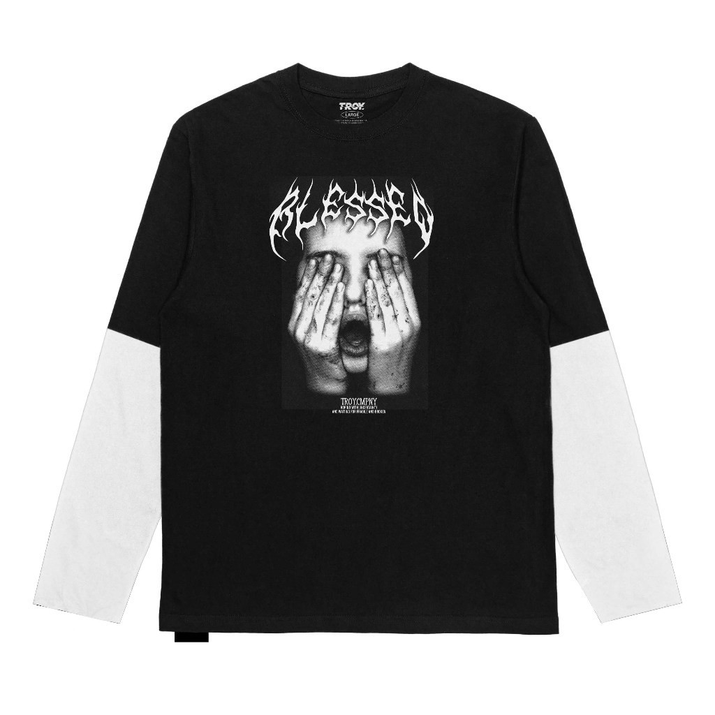 Troy Company Double Layer Longsleeve T-shirt Hitam Putih Bleesed Depression DS 2446