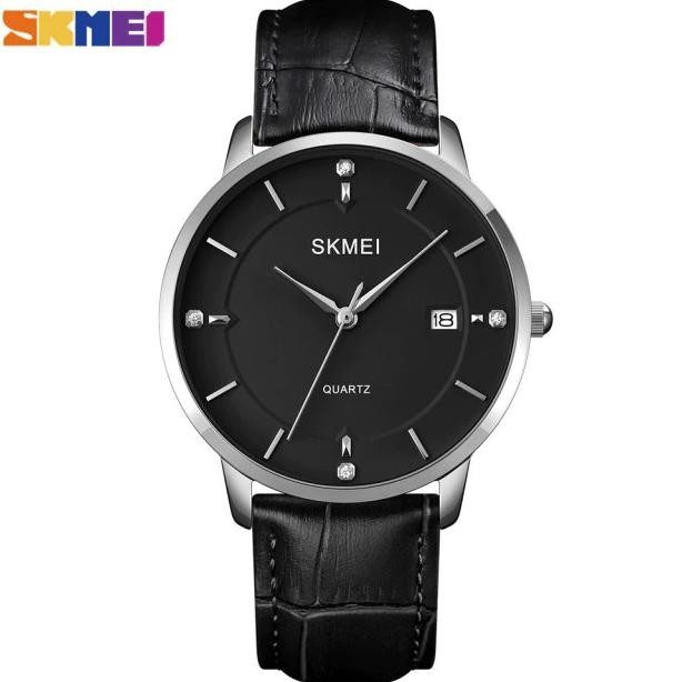 Jam Tangan Pria & Wanita Skmei 1801 Analog Date Ori Silver Hitam Kulit