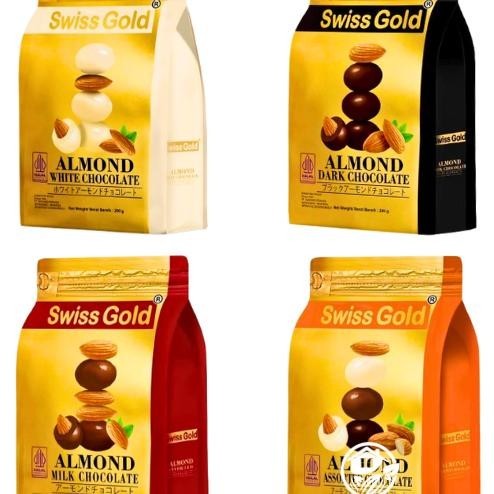 

Coklat Swiss Gold Almond Cokelat Assorted Lk White Dark Chocolate Kemasan Bag 200G