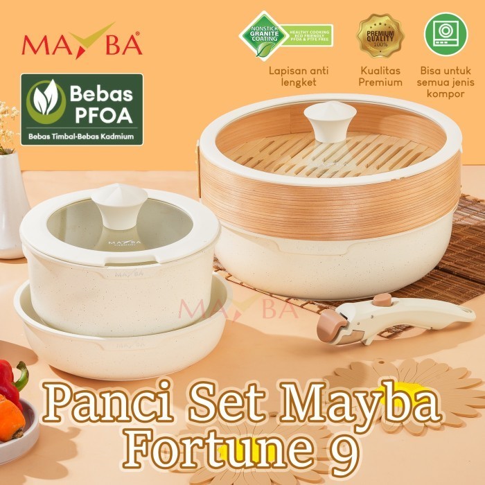 Mayba Fortune 9 Panci Set Anti Lengket Granit Putih + Steamer Bamboo