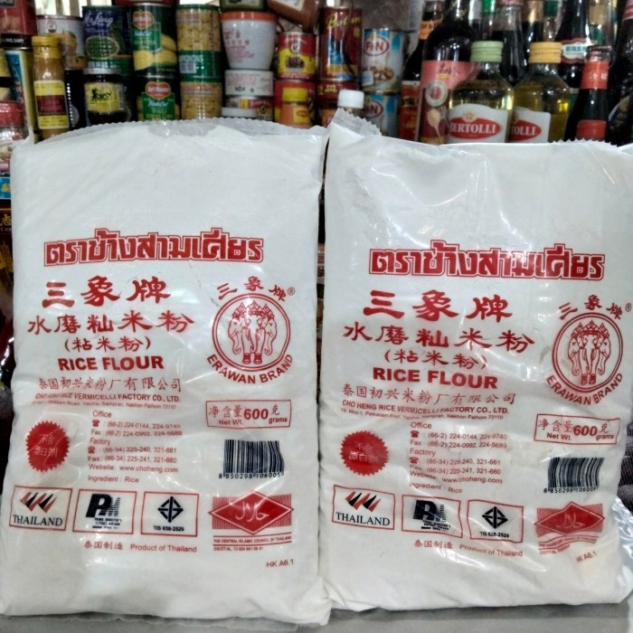 

Tepung Beras Thailand Erawan Cap Gajah / Rice Flour Erawan 600Ml