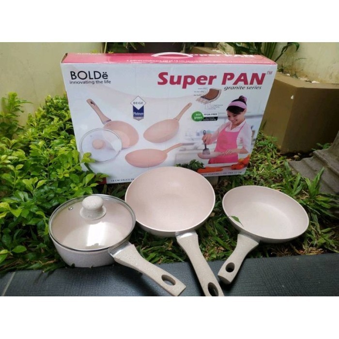 Bolde Panci Wajan Set Super Pan Granite Set Beige 3 + 1 Pcs Super Pan