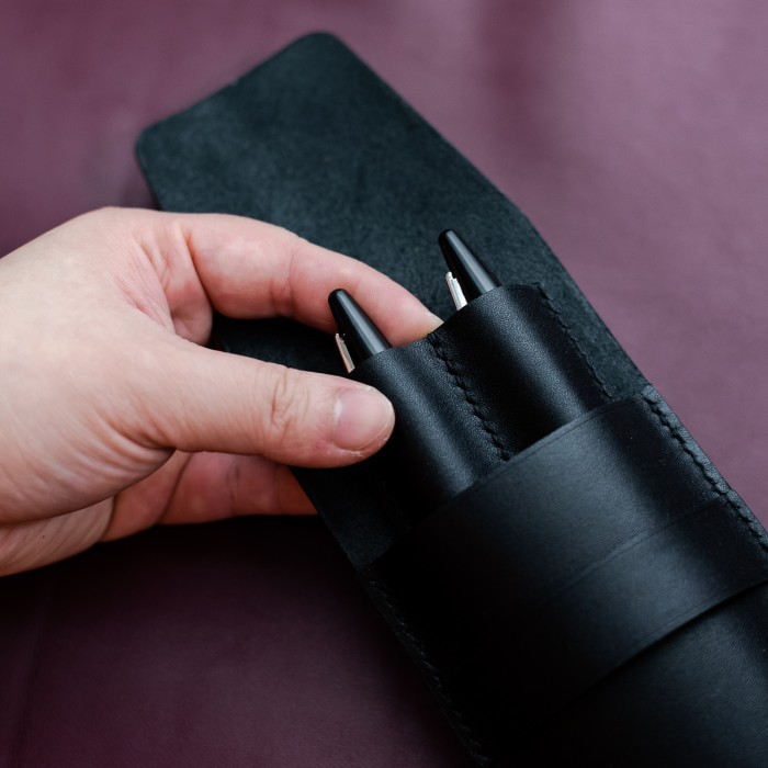

Black Leather Pen Case, Double Pen Case, Ballpoint Case Braow
