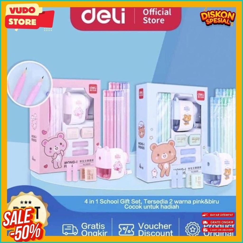 

Toko_Atk168 Deli Stationery Set 4 In 1 Rautan Pensil 12Pcs Pensil 2 Penghapus Dan 2 Penutup Pena 68896 (Murmer)