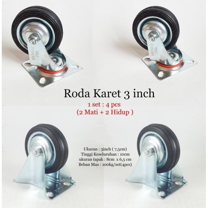 Kaki Roda Etalase / Gerobak Dorong Karet Set (1Set 4 Roda) Murah
