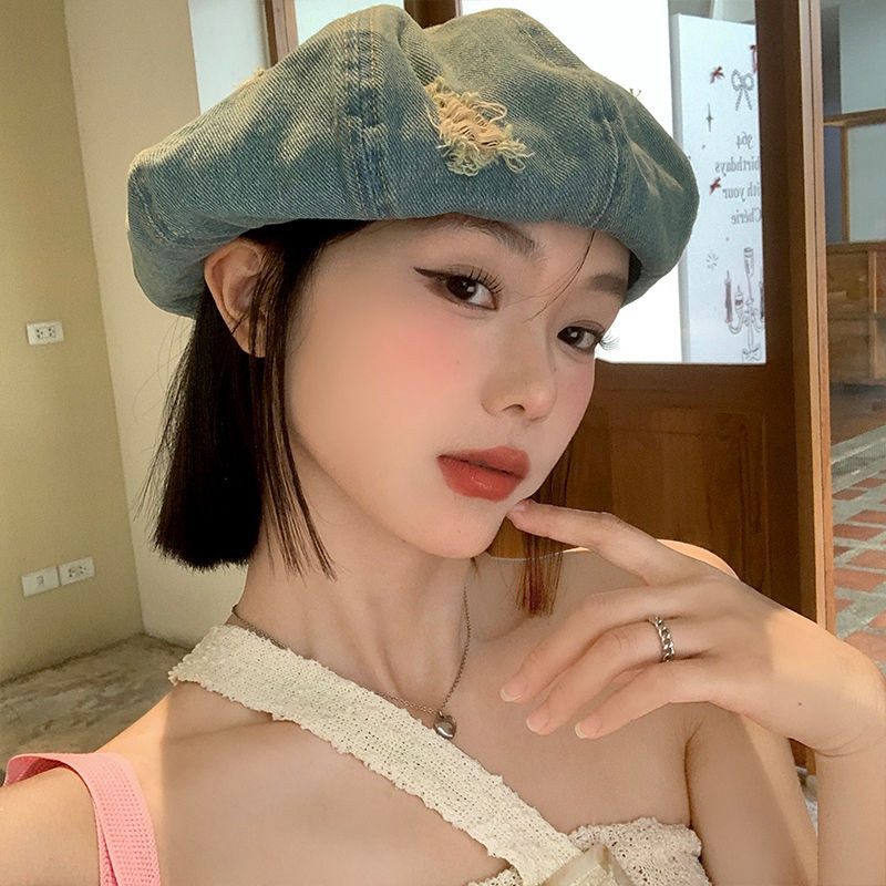 Topi Baret Denim Sobek untuk Wanita, Baret Denim Gaya Korea, Lingkar Kepala Besar Wanita, Topi