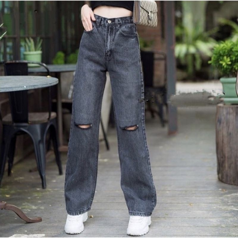 Ripped Jenas Wanita Celana Kulot jeans sobek rawis kekinian Kulot jeans robek ripped lutut Korean