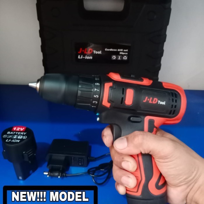 Jld 12V-Set Bor Obeng Bor Baterai 12 V Charger Cordless Drill [Merah]