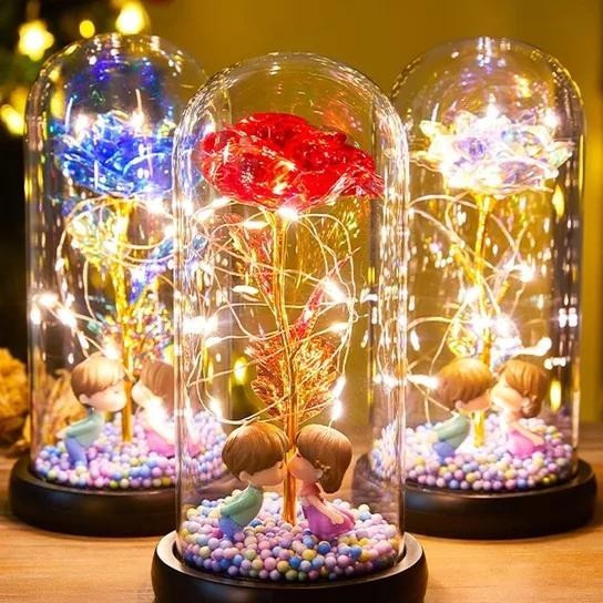 Bunga Abadi Led Mawar Lampu  Glass Dome Dekorasi Beauty Kado Hiasan Lampu Tidur Ukuran Besar