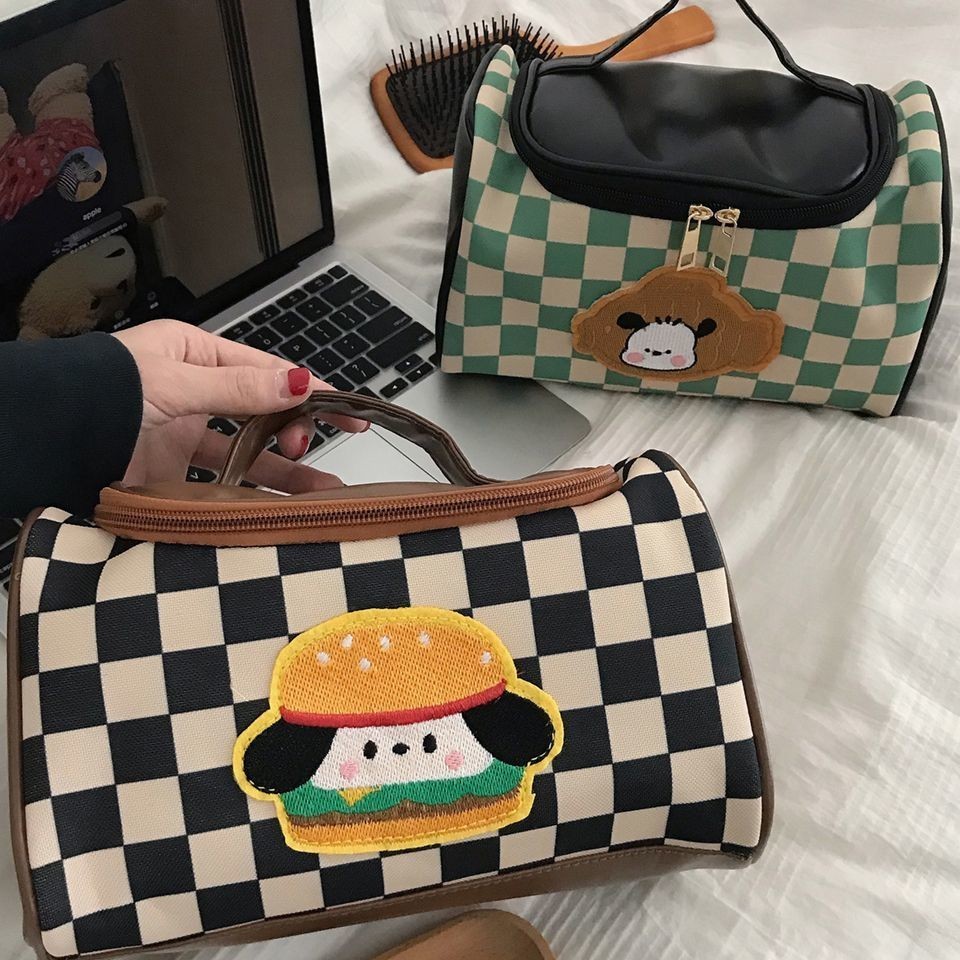 

Cute Hamburger Puppy Checkerboard Cosmetic Bag Women's Large Capacity Portable Cosmetics Buggy Bag