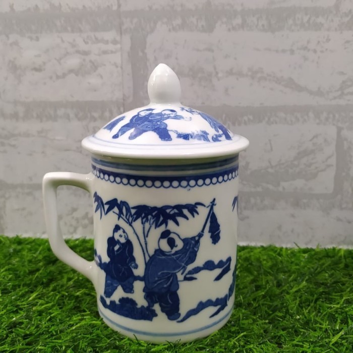 Mug Keramik Biru Putih/ Cangkir Tutup Keramik/ Mug Keramik