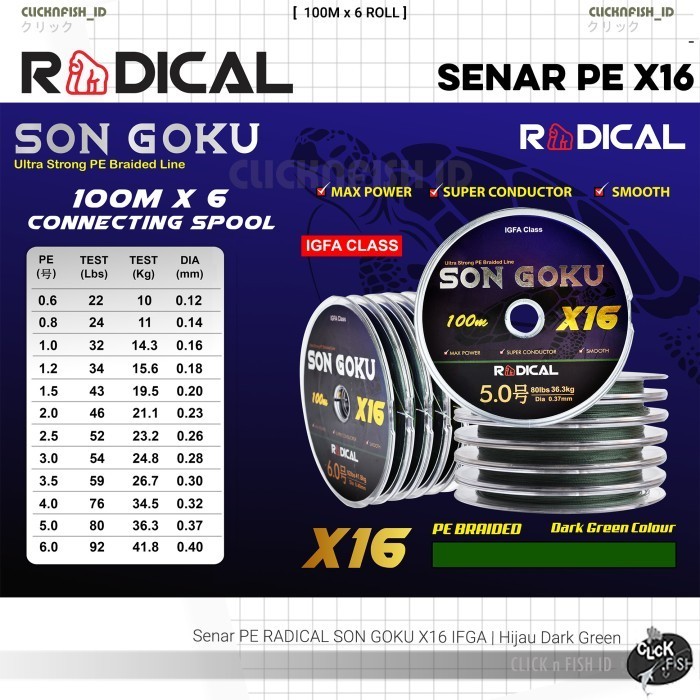 Senar Pe Radical Son Goku X16 100M Connecting Hijau Lumut Dark Green