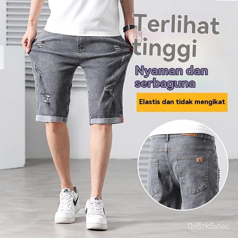 Celana Denim Sobek untuk Wanita, Celana Pendek Denim Lurus Trendi Longgar Tipis Gaya Korea