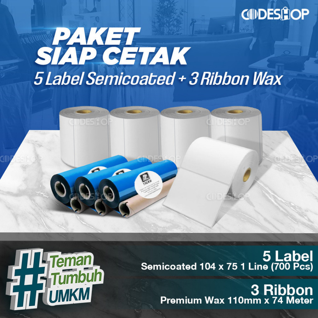 

Paket Sticker Label Siap Cetak | 5 Label Semicoated 104x75 & 3 Ribbon Premium Wax 110x74 M