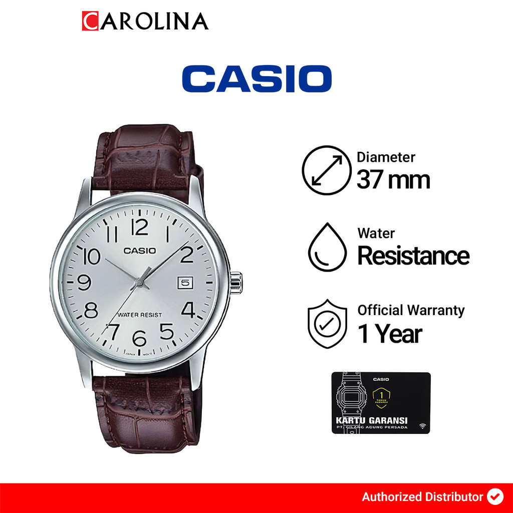 Jam Tangan Pria CASIO MTP-V002L-7B2 Silver Dial Brown Leather Band