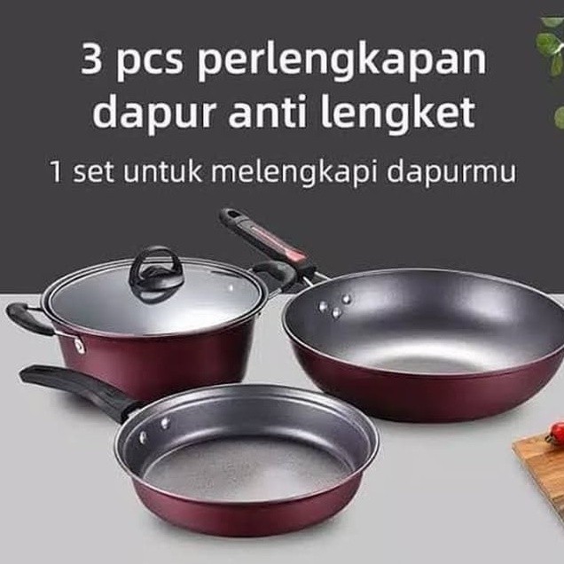 Panci Teflon Wajan Kompor Induksi Anti Lengket Set 3Pcs
