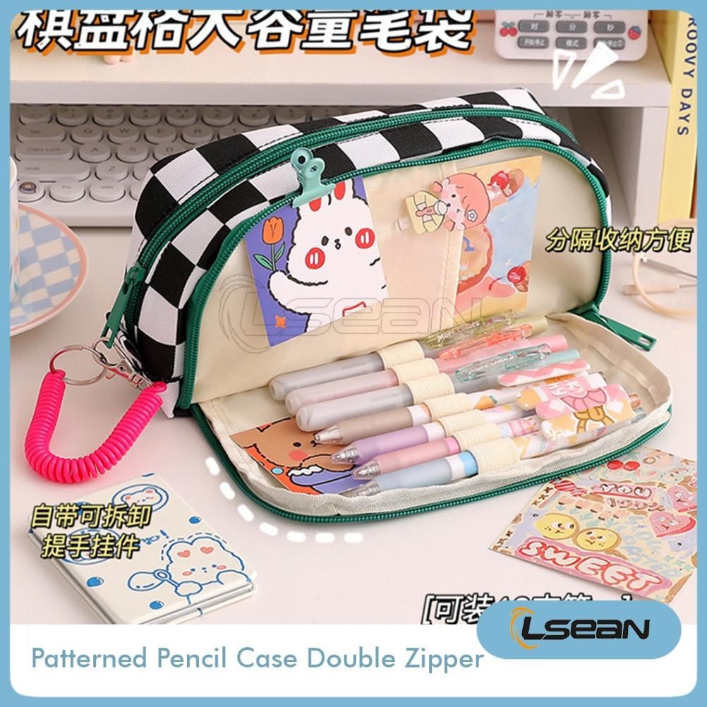 

EVY-510 PENCIL CASE KOREA CHECKERED CUTE BEAR MULTIFUNGSI POUCH DUAL ZIPPER DEPAN BELAKANG Sale