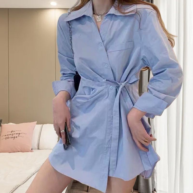 Kemeja Biru Lengan Panjang, Baju Desain Renda, Atasan Setengah Panjang