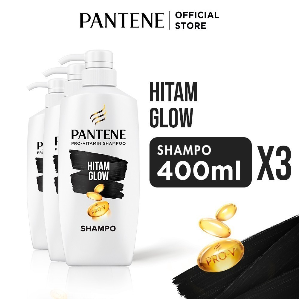 Pantene Sampo Hitam dan Panjang Hitam Glow Keratin Perawatan Rambut 400ml x3 / Pantene Shampoo