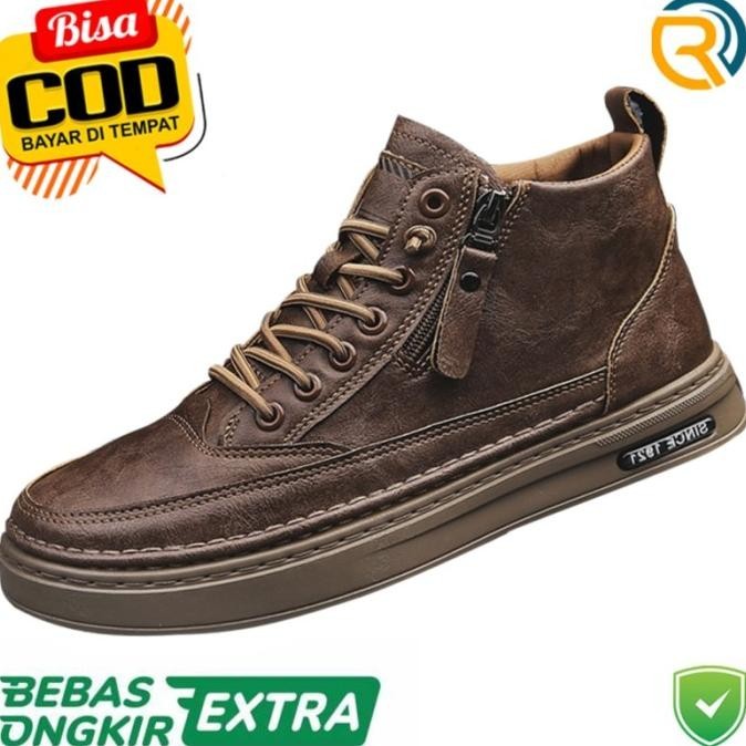 Sepatu Boots Kulit Pria Sneakers Casual Kerja Import Cowok Resleting