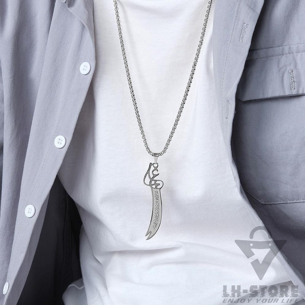 PROMO Kalung Titanium Liontin Pedang Imam Ali Zulfikar Kaligrafi Arab Islam Muslim Pria Wanita