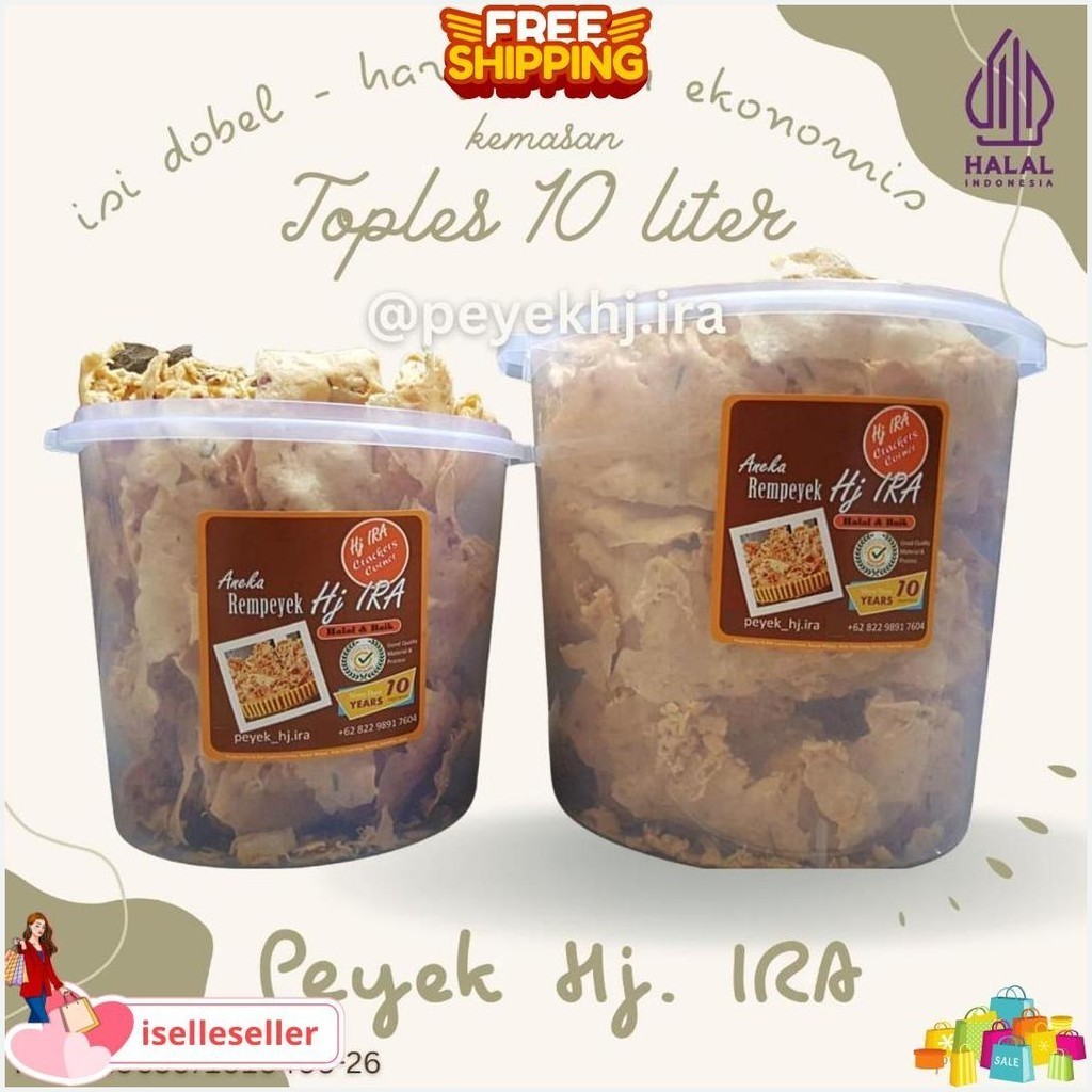 

Peyek / Rempeyek Hj. Ira - Toples 10 Liter - Lebih Ekonomis - Kemriyuk Renyahe Cod