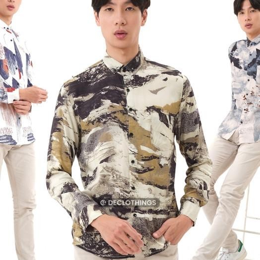 Kemeja Pantai Pria Baju Hawai Lengan Panjang Motif Printing Tie Dye