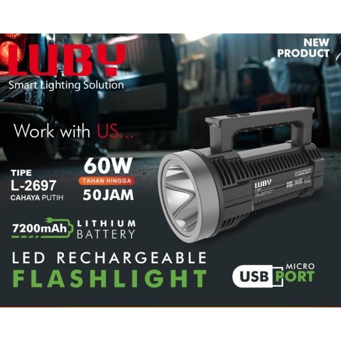 Hits Luby Senter Tangan Led Super Terang L-2697 60W Cahaya Lampu Putih