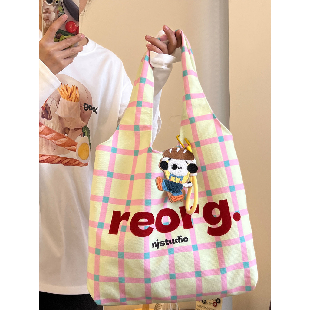 ins Tas kanvas kecil lucu gaya Korea, tas jinjing berkapasitas besar bahu komuter untuk wanita