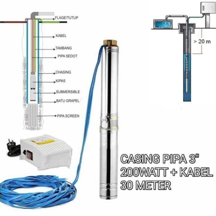 Paling Baik Mesin Pompa Air /Pompa Satelit 3" Submersible 1/2 Hp Kabel 40 Mtr Termurah