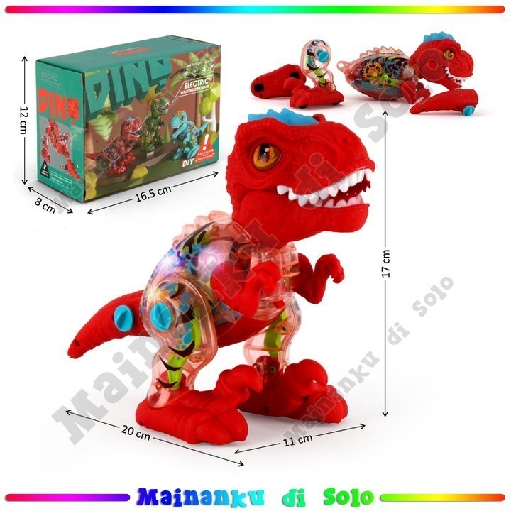 [Mainanku] Mainan Anak Dinosaurus Baterai Operation T-Rex Bodi Transparan DIY Jalan Suara Musik Lamp