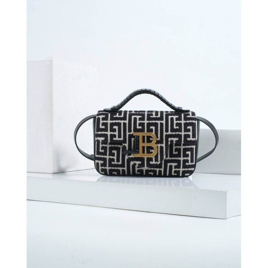 Tas Wanita Balmain B-Buzz Mini Monogram Jacquard Canvas Black White Logo Original