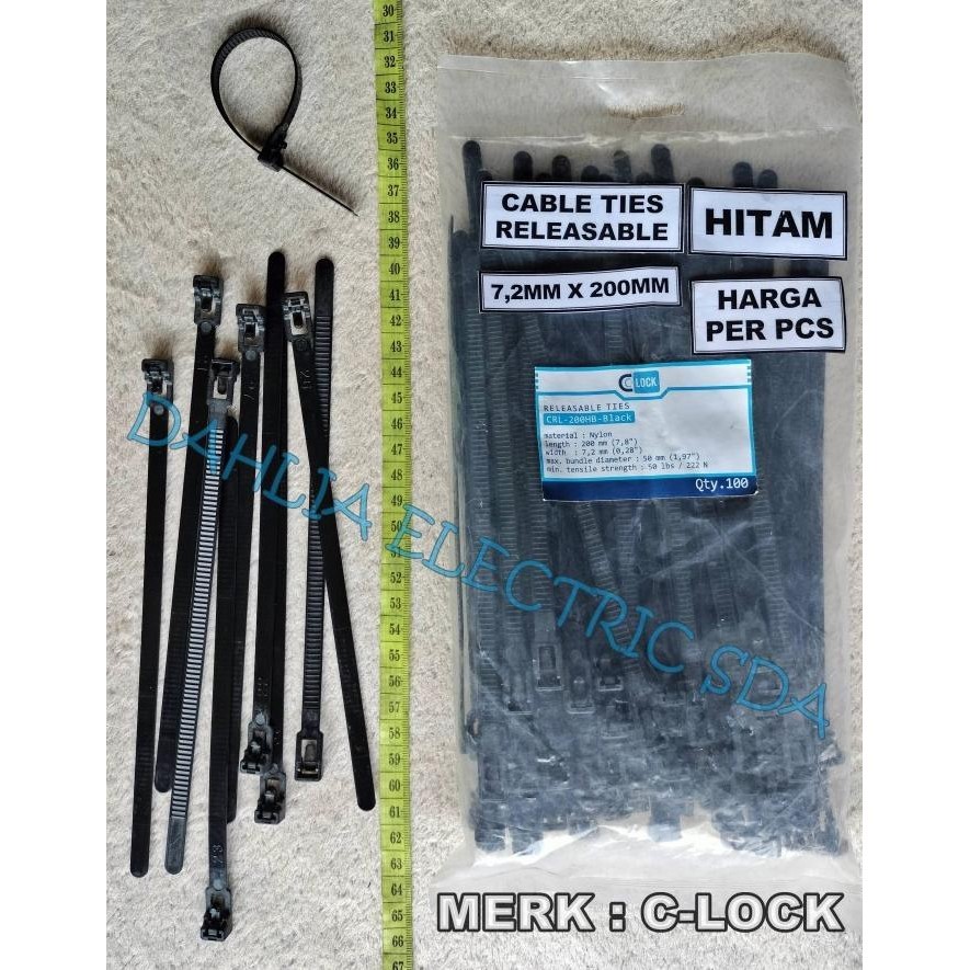 

\"\"\"\] CABLE TIES RELEASABLE 7,2MM X 200MM C-LOCK HITAM PER PCS
