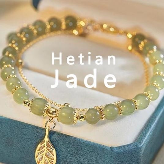 Gelang Tangan Batu Giok Hetian Ala Aksen Daun Emas Untuk Wanita