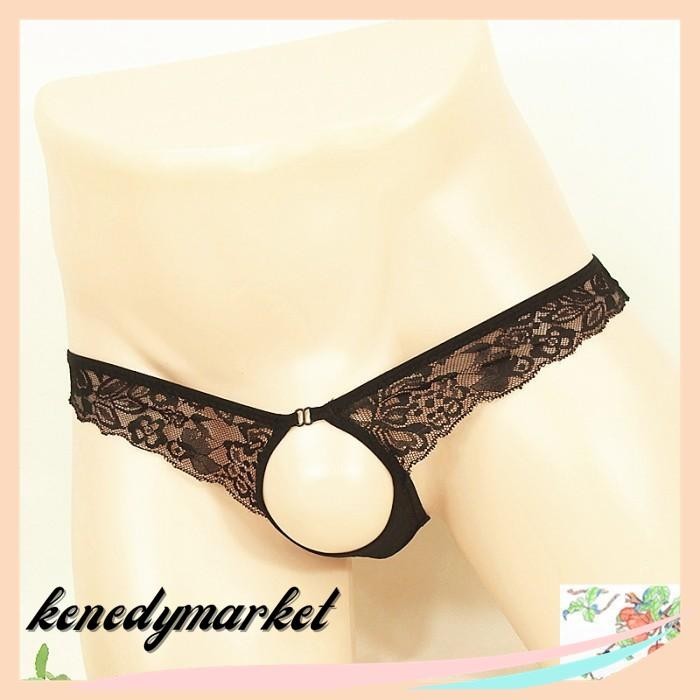 CELANA DALAM PRIA SEXY TRANSPARAN CUTOUT THONG BAHAN LACE Y TERDEPAN
