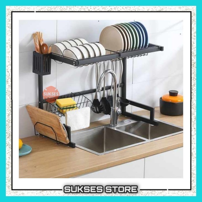 Ede Rak Piring Stainless Hitam / Rak Dapur Cuci Piring Atas Wastafel