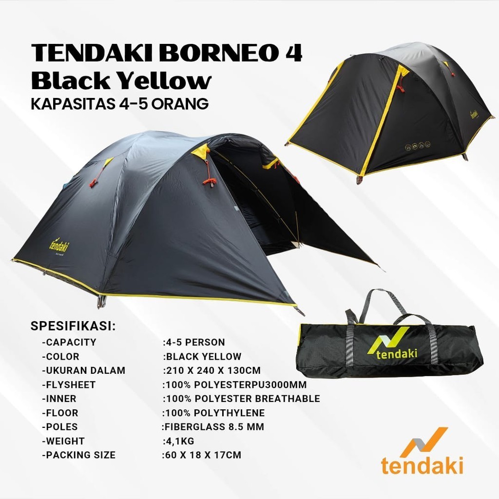 {DianShop} Tenda Camping Borneo 4 Kapasitas 4 Orang Tendaki - Black yellow Limited