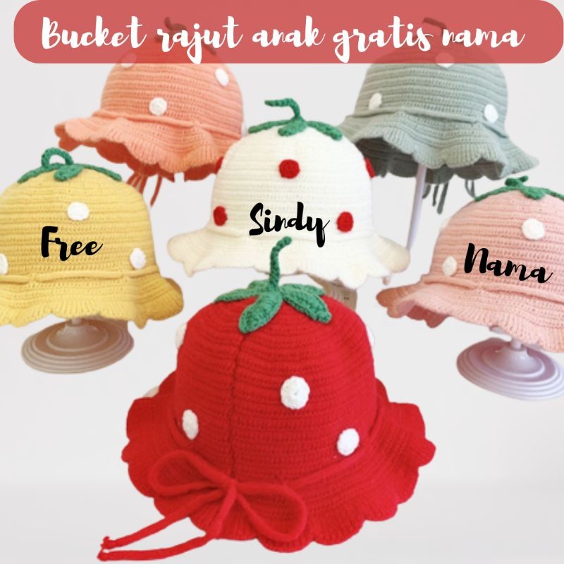 HARGA PROMO TOPI BUCKET HAT RAJUT STROBERI BORDIR NAMA WO8