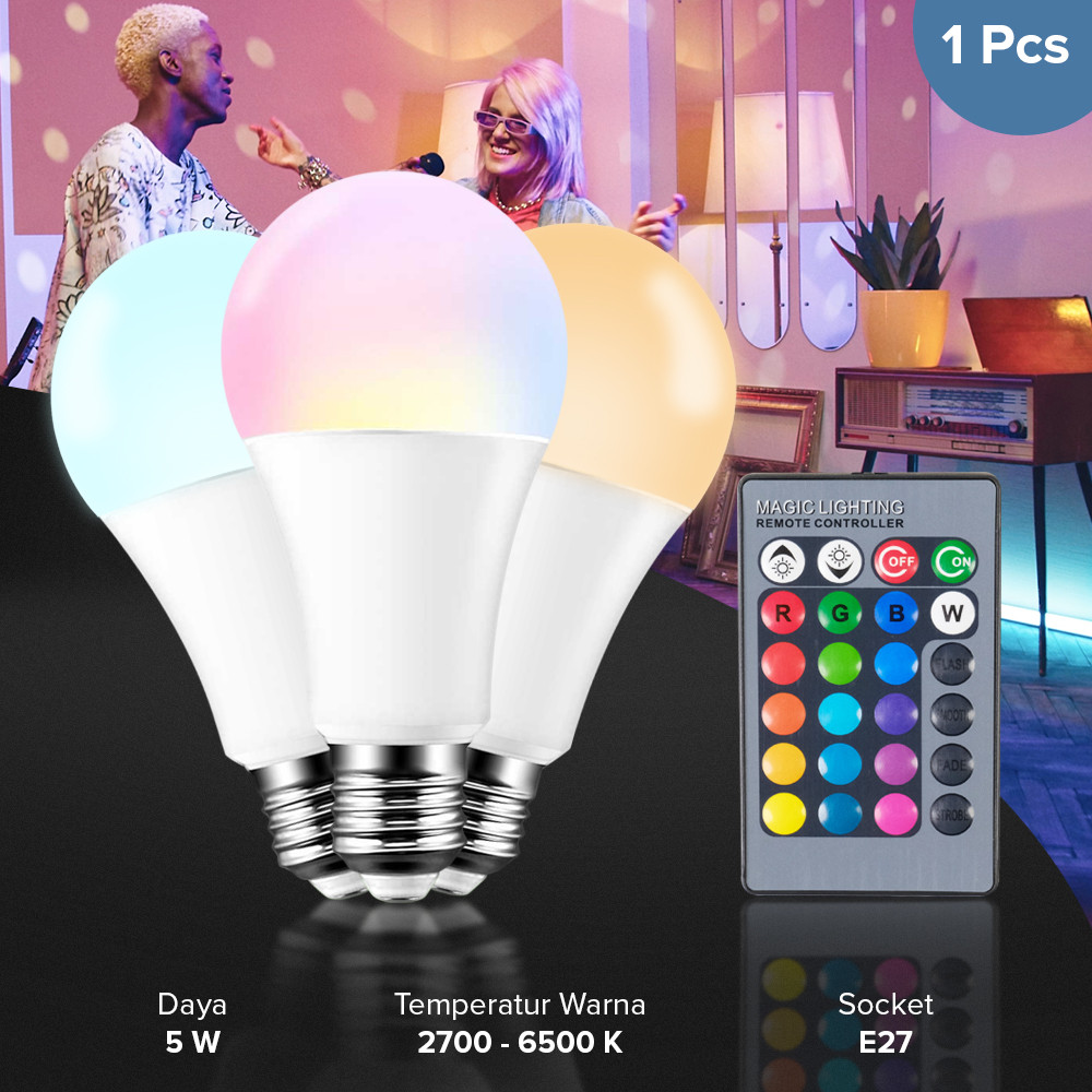 TaffLED Lampu Bohlam RGB Smart LED 5 Watt Remote Control E27 Remot Kontrol Warna Warni