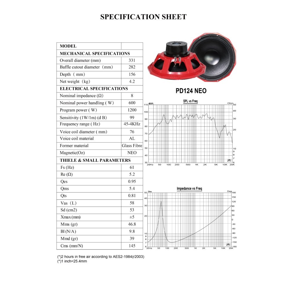 Speaker 12 Inch Model Precision Devices PD 124NR1 Neodium Magnet PD124